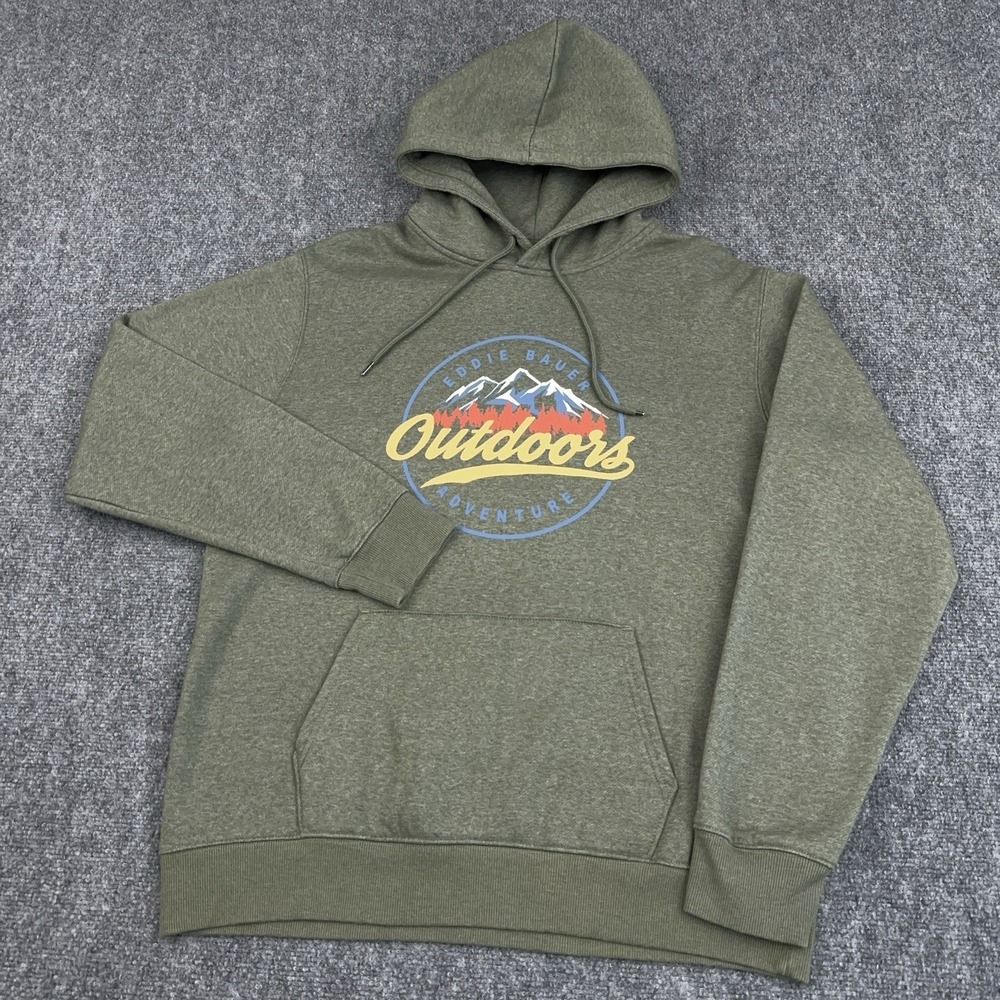 Eddie Bauer Graphic Outdoor Hoodie Men's Large Green Pullover Fleece Hooded‎